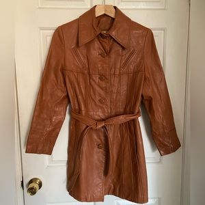 Vintage 70s The Tannery Montgomery Ward Caramel Brown Belted Leather Coat Med?